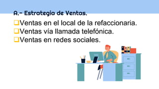A.- Estrategia de Ventas.
Ventas en el local de la refaccionaria.
Ventas vía llamada telefónica.
Ventas en redes sociales.
 