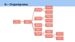 A.- Organigrama.
Alta
presidencia
Gerente
general
Gerente de
administración
Nominas
Personal
Gerente de
comercial
Ejecutivo de
ventas
Mercadotecnia
Gerente de
refacciones
Servicio de
refacción
Jefe de
sistemas.
Gerente de
servicio
Control de
calidad.
Jefe de taller
Mecánicos
Lavador.
 