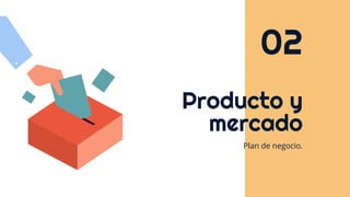 Producto y
mercado
02
Plan de negocio.
 