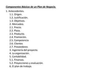 Componentes Básicos de un Plan de Negocio.
1. Antecedentes.
1.1. Origen.
1.2. Justificación.
1.3. Objetivos.
2. Mercadeo.
2.1. Precio.
2.2. Plaza.
2.3. Producto.
2.4. Promoción.
2.5. Competencia
2.6. Clientes
2.7. Proveedores
3. Ingeniería del proyecto.
4. La organización.
5. Contabilidad.
5.1. Finanzas.
5.2. Proyecciones y evaluación.
6. El plan de trabajo.
 