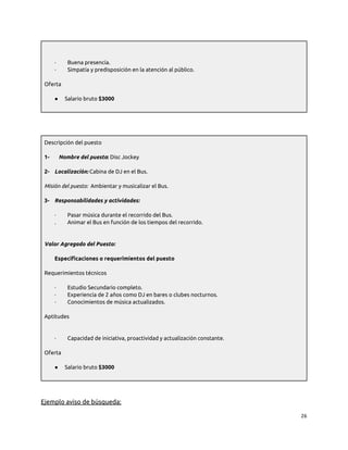 · Buena presencia.
· Simpatía y predisposición en la atención al público.
Oferta
● Salario bruto $3000
Descripción del puesto
1- Nombre del puesto: Disc Jockey
2- Localización: Cabina de DJ en el Bus.
Misión del puesto: Ambientar y musicalizar el Bus.
3- Responsabilidades y actividades:
· Pasar música durante el recorrido del Bus.
. Animar el Bus en función de los tiempos del recorrido.
Valor Agregado del Puesto:
Especificaciones o requerimientos del puesto
Requerimientos técnicos
· Estudio Secundario completo.
· Experiencia de 2 años como DJ en bares o clubes nocturnos.
· Conocimientos de música actualizados.
Aptitudes
· Capacidad de iniciativa, proactividad y actualización constante.
Oferta
● Salario bruto $3000
Ejemplo aviso de búsqueda:
26
 