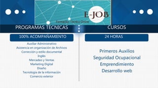 PROGRAMAS TÉCNICAS CURSOS
Auxiliar Administrativo
Asistencia en organización de Archivos
Corrección y estilo documental
Inglés
Mercadeo y Ventas
Marketing Digital
Diseño
Tecnología de la información
Comercio exterior
Primeros Auxilios
Seguridad Ocupacional
Emprendimiento
Desarrollo web
100% ACOMPAÑAMIENTO 24 HORAS
 