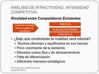 ANÁLISIS DE ATRACTIVIDAD. INTENSIDAD
COMPETITIVA.
Rivalidad entre Competidores Existentes
   Factores a través              PRECIOS
   de los cuales se
                              PUBLICIDAD/PREMIS
      manifiesta
                                 GARANTÍAS
 ¿Bajo qué condiciones la rivalidad será intensa?
   Muchos oferentes y equilibrados en sus fuerzas
   Poco crecimiento de la demanda
   Elevados costos fijos y de almacenamiento
   Falta de diferenciación
   Diferentes Intereses estratégicos

CÁTEDRA DEL EMPRENDEDOR
UNIVERSITARIO
 
