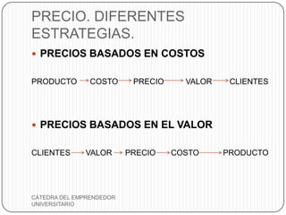 PRECIO. DIFERENTES
ESTRATEGIAS.
 PRECIOS BASADOS EN COSTOS


PRODUCTO        COSTO      PRECIO     VALOR    CLIENTES




 PRECIOS BASADOS EN EL VALOR


CLIENTES      VALOR       PRECIO    COSTO     PRODUCTO




CÁTEDRA DEL EMPRENDEDOR
UNIVERSITARIO
 