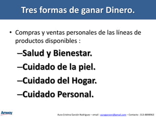 El network marketing es en verdad la oportunidad más grande en la historia del capitalismo para obtener libertad financiera  y  esta al alcance de todas las personas. (Mark YarnellDocentesobre Marketing y Network marketing de la universidad de Illinois,  Chicago.)Yo recomiendo a la gente considerar Network marketing. Por que brinda la oportunidad de construir un ingreso residual, que en el sistema convencional requeriría grandes habilidades para invertir y mucho capital. (Robert Kiyosaki Autor de los bestseller “Padre rico y padre pobre” y el “ cuadrante del flujo de dinero”)Network marketing es una de las mega tendencias que me encanta, me emociona mucho esta manera de hacer negocios por que es algo que nos hace abrir los ojos y nos obliga a pensar  en la enorme oportunidad que tenemos. Personalmente y llamando al sentido común esto no nos necesita a nosotros, nosotros somos quien necesitamos de esta tendencia. (Bill Gates C.E.O y cofundador de Microsoft inc)Aura Cristina Garzón Rodríguez – email : auragarzonr@gmail.com – Contacto : 313-8898963