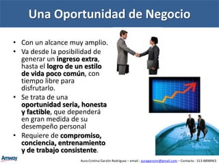 El Empresario AMWAYVs. El Empresario TradicionalEL EMPRESARIO AMWAYNo requiere de una cuantiosa inversión inicial.Cuenta con todo el apoyo y el material disponible en Internet, y a través de su auspiciador.La Empresa ya es altamente reconocida en el ámbito local por la calidad superior de sus productos, por lo que no se requerirá de mayor esfuerzo al darla a conocer.Su esfuerzo inicial en ventas y auspicio de nuevos Empresarios se verá significativamente recompensado en un término de tiempo razonable (Ingresos desde $100.000 hasta $100.000.000, de 1 a 5 años, de acuerdo con el desempeño del Empresario en el área de preparación, capacitación, entrenamiento, ventas y auspicio).Al final, si su desempeño es de bueno a excelente, por las comisiones que usted reciba de su grupo de personas, contará con suficiente libertad financiera y tiempo libre para disfrutarla.EN CAMBIO PARA SER EMPRESARIO TRADICIONALSi se desea comenzar, se requiere de :Una muy cuantiosa inversión inicial en ubicación, arriendo, arreglo del negocio, publicidad, empleados, registro ante la cámara de comercio.Si se desea desarrollar reconocimiento de marca, se requiere un grandísimo esfuerzo en brindar un servicio o producto de calidad, una inversión grande y constante en publicidad, etc.Se debe, además de la inversión mencionada en los puntos anteriores, requerir de asesoría externa a nivel contable, tributario, fiscal y comercial.Se debe invertir en computadores, redes, licencias de software y sistemas de información, y personal técnico que maneje estas areas.El Empresario tradicional, a medida de que su Empresa crece, requiere de su tiempo para estar pendientes de varios puntos, so pena de que su Empresa tenga inconvenientes.Aura Cristina Garzón Rodríguez – email : auragarzonr@gmail.com – Contacto : 313-8898963