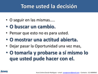¿ Como lograrlo ?Recomendación del Producto : Recomendar el uso de los productos a todas las personas que usted conozca, familiares y allegados.Capacitación : Contamos con todo un programa de capacitación y formación empresarial disponible por parte de la compañía. Este programa se basa en herramientas de entrenamiento que puede incluir Audio CDs, literatura, capacitación por internet y eventos de entrenamiento.La intención de este material es ayudar a desarrollar las habilidades necesarias para apoyarle a alcanzar sus metas.Actitud Empresarial, Liderazgo, InteligenciaEmocional, Comunicación, Autoestima, InteligenciaFinanciera, Ventas.Aura Cristina Garzón Rodríguez – email : auragarzonr@gmail.com – Contacto : 313-8898963