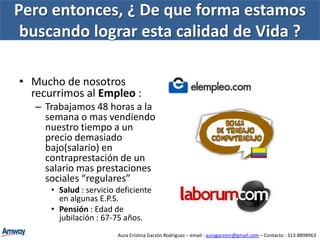 Con su actividad actual, ¿ Esta alcanzando el estilo de vida que busca ?Si no, solo hay dos opciones :Opción 1 : Seguir haciendo lo mismo y resignarse.Opción 2 : Intentar otras opciones, hasta alcanzar sus anhelos.Aura Cristina Garzón Rodríguez – email : auragarzonr@gmail.com – Contacto : 313-8898963