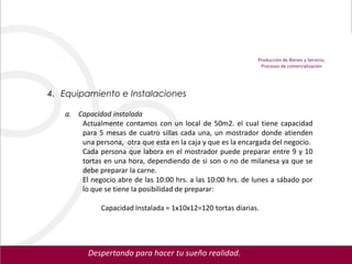 Producción de Bienes y Servicio,
                                                               Procesos de comercialización




4. Equipamiento e Instalaciones

   a. Capacidad instalada
       Actualmente contamos con un local de 50m2. el cual tiene capacidad
       para 5 mesas de cuatro sillas cada una, un mostrador donde atienden
       una persona, otra que esta en la caja y que es la encargada del negocio.
       Cada persona que labora en el mostrador puede preparar entre 9 y 10
       tortas en una hora, dependiendo de si son o no de milanesa ya que se
       debe preparar la carne.
       El negocio abre de las 10:00 hrs. a las 10:00 hrs. de lunes a sábado por
       lo que se tiene la posibilidad de preparar:

              Capacidad Instalada = 1x10x12=120 tortas diarias.




          Despertando para hacer tu sueño realidad.
 