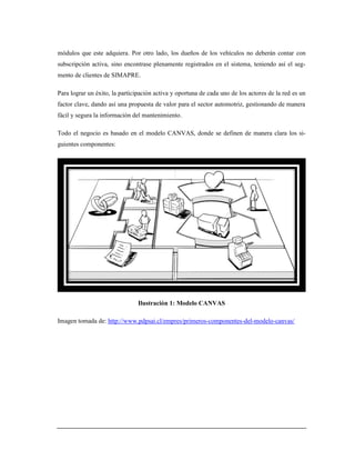 módulos que este adquiera. Por otro lado, los dueños de los vehículos no deberán contar con
subscripción activa, sino encontrase plenamente registrados en el sistema, teniendo así el seg-
mento de clientes de SIMAPRE.
Para lograr un éxito, la participación activa y oportuna de cada uno de los actores de la red es un
factor clave, dando así una propuesta de valor para el sector automotriz, gestionando de manera
fácil y segura la información del mantenimiento.
Todo el negocio es basado en el modelo CANVAS, donde se definen de manera clara los si-
guientes componentes:
Ilustración 1: Modelo CANVAS
Imagen tomada de: http://www.pdpsai.cl/empres/primeros-componentes-del-modelo-canvas/
 