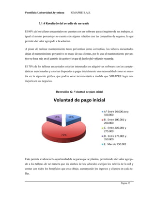 Pontificia Universidad Javeriana SIMAPRE S.A.S.
Página 27
Preparado por el Grupo Investigación Istar- Ve1.01 – 12/03/2008
3.1.4 Resultado del estudio de mercado
El 80% de los talleres encuestados no cuentan con un software para el registro de sus trabajos, al
igual el mismo porcentaje no cuenta con alguna relación con las compañías de seguros, lo que
permite dar valor agregado a la solución.
A pesar de realizar mantenimiento tanto preventivo como correctivo, los talleres encuestados
dejan el mantenimiento preventivo en mano de sus clientes, por lo que el mantenimiento preven-
tivo se basa más en el cambio de aceite y lo que el dueño del vehículo recuerde.
El 70% de los talleres encuestados estarían interesados en adquirir un software con las caracte-
rísticas mencionadas y estarían dispuestos a pagar inicialmente una mensualidad como se mues-
tra en la siguiente gráfica, que podría verse incrementada a medida que SIMAPRE logre una
mejoría en sus negocios.
Esto permite evidenciar la oportunidad de negocio que se plantea, permitiendo dar valor agrega-
do a los talleres de tal manera que los dueños de los vehículos escojan los talleres de la red y
contar con todos los beneficios que esta ofrece, aumentando los ingresos y clientes en cada ta-
ller.
Ilustración 12: Voluntad de pago inicial
 