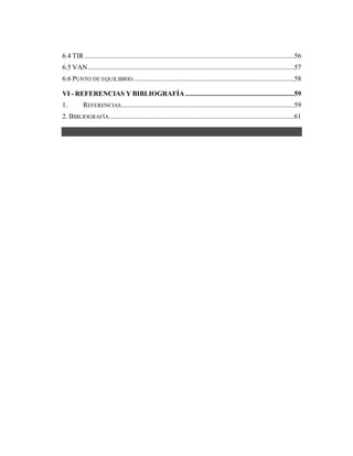 6.4 TIR .........................................................................................................................56
6.5 VAN.......................................................................................................................57
6.6 PUNTO DE EQUILIBRIO.............................................................................................58
VI - REFERENCIAS Y BIBLIOGRAFÍA...............................................................59
1. REFERENCIAS....................................................................................................59
2. BIBLIOGRAFÍA...........................................................................................................61
 