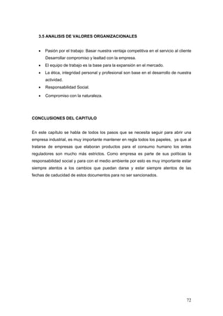 72
3.5 ANALISIS DE VALORES ORGANIZACIONALES
 Pasión por el trabajo: Basar nuestra ventaja competitiva en el servicio al cliente
Desarrollar compromiso y lealtad con la empresa.
 El equipo de trabajo es la base para la expansión en el mercado.
 La ética, integridad personal y profesional son base en el desarrollo de nuestra
actividad.
 Responsabilidad Social.
 Compromiso con la naturaleza.
CONCLUSIONES DEL CAPITULO
En este capítulo se habla de todos los pasos que se necesita seguir para abrir una
empresa industrial, es muy importante mantener en regla todos los papeles, ya que al
tratarse de empresas que elaboran productos para el consumo humano los entes
reguladores son mucho más estrictos. Como empresa es parte de sus políticas la
responsabilidad social y para con el medio ambiente por esto es muy importante estar
siempre atentos a los cambios que puedan darse y estar siempre atentos de las
fechas de caducidad de estos documentos para no ser sancionados.
 