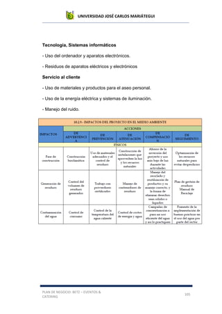 UNIVERSIDAD JOSÉ CARLOS MARIÁTEGUI
PLAN DE NEGOCIO: BETZ – EVENTOS &
CATERING
105
Tecnología, Sistemas informáticos
- Uso del ordenador y aparatos electrónicos.
- Residuos de aparatos eléctricos y electrónicos
Servicio al cliente
- Uso de materiales y productos para el aseo personal.
- Uso de la energía eléctrica y sistemas de iluminación.
- Manejo del ruido.
 