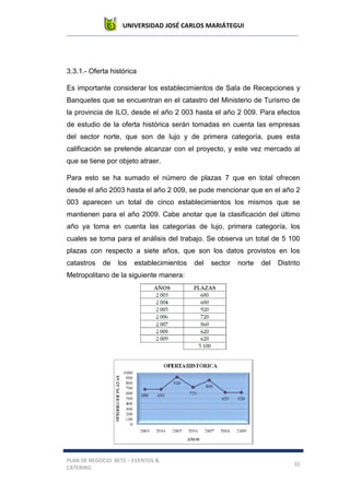 UNIVERSIDAD JOSÉ CARLOS MARIÁTEGUI
PLAN DE NEGOCIO: BETZ – EVENTOS &
CATERING
32
3.3.1.- Oferta histórica
Es importante considerar los establecimientos de Sala de Recepciones y
Banquetes que se encuentran en el catastro del Ministerio de Turismo de
la provincia de ILO, desde el año 2 003 hasta el año 2 009. Para efectos
de estudio de la oferta histórica serán tomadas en cuenta las empresas
del sector norte, que son de lujo y de primera categoría, pues esta
calificación se pretende alcanzar con el proyecto, y este vez mercado al
que se tiene por objeto atraer.
Para esto se ha sumado el número de plazas 7 que en total ofrecen
desde el año 2003 hasta el año 2 009, se pude mencionar que en el año 2
003 aparecen un total de cinco establecimientos los mismos que se
mantienen para el año 2009. Cabe anotar que la clasificación del último
año ya toma en cuenta las categorías de lujo, primera categoría, los
cuales se toma para el análisis del trabajo. Se observa un total de 5 100
plazas con respecto a siete años, que son los datos provistos en los
catastros de los establecimientos del sector norte del Distrito
Metropolitano de la siguiente manera:
 
