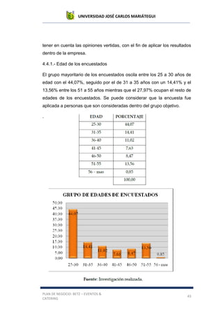 UNIVERSIDAD JOSÉ CARLOS MARIÁTEGUI
PLAN DE NEGOCIO: BETZ – EVENTOS &
CATERING
43
tener en cuenta las opiniones vertidas, con el fin de aplicar los resultados
dentro de la empresa.
4.4.1.- Edad de los encuestados
El grupo mayoritario de los encuestados oscila entre los 25 a 30 años de
edad con el 44,07%, seguido por el de 31 a 35 años con un 14,41% y el
13,56% entre los 51 a 55 años mientras que el 27,97% ocupan el resto de
edades de los encuestados. Se puede considerar que la encuesta fue
aplicada a personas que son consideradas dentro del grupo objetivo.
.
 
