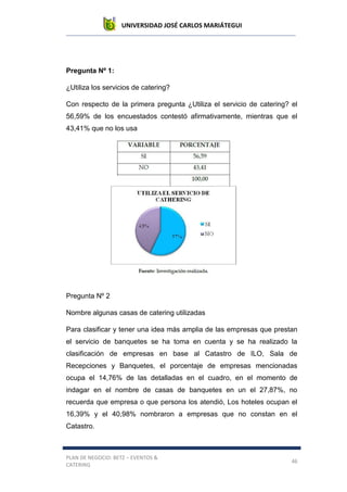 UNIVERSIDAD JOSÉ CARLOS MARIÁTEGUI
PLAN DE NEGOCIO: BETZ – EVENTOS &
CATERING
46
Pregunta Nº 1:
¿Utiliza los servicios de catering?
Con respecto de la primera pregunta ¿Utiliza el servicio de catering? el
56,59% de los encuestados contestó afirmativamente, mientras que el
43,41% que no los usa
Pregunta Nº 2
Nombre algunas casas de catering utilizadas
Para clasificar y tener una idea más amplia de las empresas que prestan
el servicio de banquetes se ha toma en cuenta y se ha realizado la
clasificación de empresas en base al Catastro de ILO, Sala de
Recepciones y Banquetes, el porcentaje de empresas mencionadas
ocupa el 14,76% de las detalladas en el cuadro, en el momento de
indagar en el nombre de casas de banquetes en un el 27,87%, no
recuerda que empresa o que persona los atendió, Los hoteles ocupan el
16,39% y el 40,98% nombraron a empresas que no constan en el
Catastro.
 
