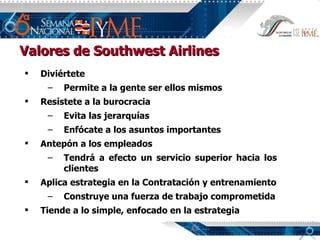 Valores de Southwest Airlines Diviértete Permite a la gente ser ellos mismos Resístete a la burocracia Evita las jerarquías Enfócate a los asuntos importantes Antepón a los empleados Tendrá a efecto un servicio superior hacia los clientes Aplica estrategia en la Contratación y entrenamiento Construye una fuerza de trabajo comprometida Tiende a lo simple, enfocado en la estrategia 