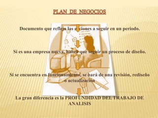 Documento que refleja las acciones a seguir en un periodo.
Si es una empresa nueva, habrá que seguir un proceso de diseño.
Si se encuentra en funcionamiento, se hará de una revisión, rediseño
o actualización
La gran diferencia es la PROFUNDIDAD DEL TRABAJO DE
ANALISIS
 