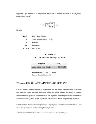 flujos de caja previstos. Si es positivo, el proyecto debe aceptarse; si es negativo,
debe rechazarse.33
Io
i
FNE
VAN j
−





+
= ∑ )1(
Donde:
FNE: Flujo Neto Efectivo
i: Tasa de descuento (12%)
j: Período
Io: Inversión
VAN = 87.725,37
CUADRO N. 7.1.
VALOR ACTUAL NETO (VAN) (USD)
Retorno USD
Valor actual neto (VAN) 87.725,40
Elaborado por: C. Liger y C. Noboa
Fuente: Estudio Técnico BID
7.3. ANÁLISIS DE LA TASA INTERNA DE RETORNO
La tasa interna de rentabilidad o de retorno TIR, es el tipo de descuento que hace
que el VAN (valor actual o presente neto) sea igual a cero, es decir, el tipo de
descuento que iguala el valor actual de los flujos de entrada (positivos) con el flujo
de salida inicial y otros flujos negativos actualizados de un proyecto de inversión.
En el análisis de inversiones; para que un proyecto se considere rentable su TIR
debe ser superior al coste del capital empleado.
33
WESTON, Fred; COPELAND, Thomas; Manual de Administración Financiera. Tomo 1. 1994. Pág. 116.
 