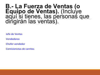 B.- La Fuerza de Ventas (o
Equipo de Ventas). (Incluye
aquí si tienes, las personas que
dirigirán las ventas).
Jefe de Ventas
Vendedoras
Chofer vendedor
Comisionistas de carritos

 