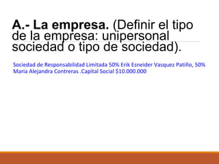 A.- La empresa. (Definir el tipo
de la empresa: unipersonal
sociedad o tipo de sociedad).
Sociedad de Responsabilidad Limitada 50% Erik Esneider Vasquez Patiño, 50%
Maria Alejandra Contreras .Capital Social $10.000.000

 