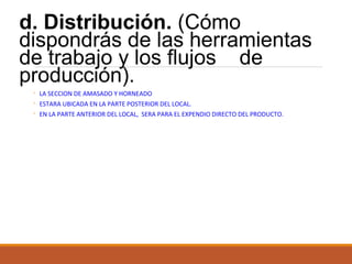 d. Distribución. (Cómo
dispondrás de las herramientas
de trabajo y los flujos de
producción).
◦ LA SECCION DE AMASADO Y HORNEADO
◦ ESTARA UBICADA EN LA PARTE POSTERIOR DEL LOCAL.
◦ EN LA PARTE ANTERIOR DEL LOCAL, SERA PARA EL EXPENDIO DIRECTO DEL PRODUCTO.

 