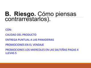 B. Riesgo. Cómo piensas
contrarrestarlos).
CON:
CALIDAD DEL PRODUCTO
ENTREGA PUNTUAL A LAS PANADERIAS
PROMOCIONES EN EL VENDAJE
PROMOCIONES LOS MIERCOLES EN LAS SALTEÑAS PAGAS 4
LLEVAS 5

 