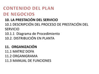 CONTENIDO DEL PLAN DE NEGOCIOS10. LA PRESTACIÓN DEL SERVICIO10.1 DESCRIPCIÓN DEL PROCESO DE PRESTACIÓN DEL SERVICIO10.1.1  Diagrama de Procedimiento 10.2. DISTRIBUCIÓN EN PLANTA11.  ORGANIZACIÓN11.1 MATRIZ DOFA11.2 ORGANIGRAMA11.3 MANUAL DE FUNCIONES