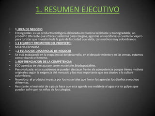 1. RESUMEN EJECUTIVO1. IDEA DE NEGOCIOECOegendas: es un producto ecológico elaborado en material reciclable y biodegradable, un producto diferente que ofrece cuadernos para colegios, agendas universitarias y cuaderno viajero para turistas que muestra toda la guía de la ciudad que visita, con motivos muy colombianos.1.1 EQUIPO Y PROMOTOR DEL PROYECTO:MILENA ESPINOSA1.2 ESTADO DE DESARROLLO DE NEGOCIOSe está trabajando en la etapa inicial del desarrollo, en el descubrimiento y en las ventas, estamos comprobando el terreno.1.4DIFERENCIACION DE LA COMPETENCIA:ECO agendas de destaca por tener materiales biodegradables.Personalizada: estos cuadernos se pueden destacar frente ala competencia porque tienes motivos originales según la exigencia del mercado y los mas importante que sea alusivo a la cultura colombiana.Novedoso: el producto impacta por los materiales que llevan las agendas los diseños y motivos diferentes.Resistente: el material de a pasta hace que esta agenda sea resístete al agua y a los golpes que puedan sufrir por los niños de los colegios.