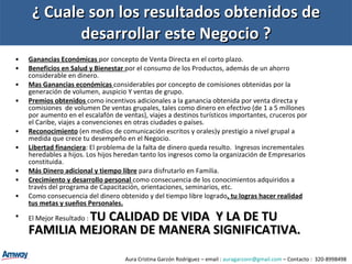 ¿ Cuale son los resultados obtenidos de desarrollar este Negocio ? Ganancias Económicas  por concepto de Venta Directa en el corto plazo. Beneficios en Salud y Bienestar  por el consumo de los Productos, además de un ahorro considerable en dinero. Mas Ganancias económicas  considerables por concepto de comisiones obtenidas por la generación de volumen, auspicio Y ventas de grupo. Premios obtenidos  como incentivos adicionales a la ganancia obtenida por venta directa y comisiones  de volumen De ventas grupales, tales como dinero en efectivo (de 1 a 5 millones por aumento en el escalafón de ventas), viajes a destinos turísticos importantes, cruceros por el Caribe, viajes a convenciones en otras ciudades o países. Reconocimiento  (en medios de comunicación escritos y orales)y prestigio a nivel grupal a medida que crece tu desempeño en el Negocio. Libertad financiera : El problema de la falta de dinero queda resulto.  Ingresos incrementales heredables a hijos. Los hijos heredan tanto los ingresos como la organización de Empresarios constituida. Más Dinero adicional y tiempo libre  para disfrutarlo en Familia. Crecimiento y desarrollo personal  como consecuencia de los conocimientos adquiridos a través del programa de Capacitación, orientaciones, seminarios, etc. Como consecuencia del dinero obtenido y del tiempo libre logrado , tu logras hacer realidad tus metas y sueños Personales. El Mejor Resultado :  TU CALIDAD DE VIDA  Y LA DE TU FAMILIA MEJORAN DE MANERA SIGNIFICATIVA. Aura Cristina Garzón Rodríguez – email :  [email_address]  – Contacto :  320-8998498 