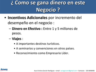 ¿ Como se gana dinero en este Negocio ? Incentivos Adicionales  por incremento del desempeño en el negocio : Dinero en Efectivo :  Entre 1 y 5 millones de pesos. Viajes   : A importantes destinos turísticos. A seminarios y convenciones en otros países. Reconocimiento como Empresario Líder. Aura Cristina Garzón Rodríguez – email :  [email_address]  – Contacto :  320-8998498 