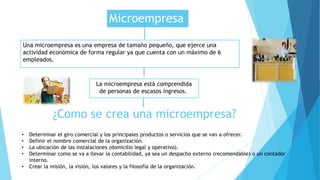 Una microempresa es una empresa de tamaño pequeño, que ejerce una
actividad económica de forma regular ya que cuenta con un máximo de 6
empleados.
Microempresa
La microempresa está comprendida
de personas de escasos ingresos.
¿Como se crea una microempresa?
• Determinar el giro comercial y los principales productos o servicios que se van a ofrecer.
• Definir el nombre comercial de la organización.
• La ubicación de las instalaciones (domicilio legal y operativo).
• Determinar como se va a llevar la contabilidad, ya sea un despacho externo (recomendable) o un contador
interno.
• Crear la misión, la visión, los valores y la filosofía de la organización.
 