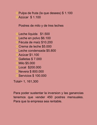  Pulpa de fruta (la que desees) $ 1.100
 Azúcar $ 1.100
Postres de milo y de tres leches
 Leche líquida $1.500
 Leche en polvo $6.100
 Fécula de maíz $10.200
 Crema de leche $5.000
 Leche condensada $5.800
 Azúcar $1.100
 Galletas $ 7.000
 Milo $5.000
 Local $200.000
 Nevera $ 800.000
 Servicios $ 100.000
Total= 1, 161,300

Para poder sustentar la inversion y las ganancias
tenemos que vender 450 postres mensuales.
Para que la empresa sea rentable.

 