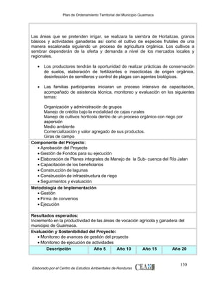 Plan de Ordenamiento Territorial del Municipio Guaimaca

Las áreas que se pretenden irrigar, se realizara la siembra de Hortalizas, granos
básicos y actividades ganaderas así como el cultivo de especies frutales de una
manera escalonada siguiendo un proceso de agricultura orgánica. Los cultivos a
sembrar dependerán de la oferta y demanda a nivel de los mercados locales y
regionales.
•

Los productores tendrán la oportunidad de realizar prácticas de conservación
de suelos, elaboración de fertilizantes e insecticidas de origen orgánico,
desinfección de semilleros y control de plagas con agentes biológicos.

•

Las familias participantes iniciaran un proceso intensivo de capacitación,
acompañado de asistencia técnica, monitoreo y evaluación en los siguientes
temas:

Organización y administración de grupos
Manejo de crédito bajo la modalidad de cajas rurales
Manejo de cultivos hortícola dentro de un proceso orgánico con riego por
aspersión
Medio ambiente
Comercialización y valor agregado de sus productos.
Giras de campo
Componente del Proyecto:
• Aprobación del Proyecto
• Gestión de Fondos para su ejecución
• Elaboración de Planes integrales de Manejo de la Sub- cuenca del Río Jalan
• Capacitación de los beneficiarios
• Construcción de lagunas
• Construcción de infraestructura de riego
• Seguimientos y evaluación
Metodología de Implementación
• Gestión
• Firma de convenios
• Ejecución
Resultados esperados:
Incremento en la productividad de las áreas de vocación agrícola y ganadera del
municipio de Guaimaca.
Evaluación y Sostenibilidad del Proyecto:
• Monitoreo de avances de gestión del proyecto
• Monitoreo de ejecución de actividades
Descripción
Año 5
Año 10
Año 15
Año 20

Elaborado por el Centro de Estudios Ambientales de Honduras

130

 