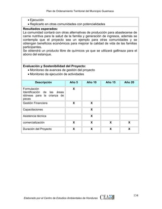 Plan de Ordenamiento Territorial del Municipio Guaimaca

• Ejecución
• Replicarlo en otras comunidades con potencialidades
Resultados esperados:
La comunidad contará con otras alternativas de producción para abastecerse de
carne nutritiva para la salud de la familia y generación de ingresos, además se
contempla que el proyecto sea un ejemplo para otras comunidades y se
obtengan beneficios económicos para mejorar la calidad de vida de las familias
participantes.
Se obtendrá un producto libre de químicos ya que se utilizará gallinaza para el
abono del estanque.

Evaluación y Sostenibilidad del Proyecto:
• Monitoreo de avances de gestión del proyecto
• Monitoreo de ejecución de actividades
Descripción

Año 5

Formulación
Identificación de las áreas
idóneas para la crianza de
peces
Gestión Financiera

X

X

Año 10

Año 15

Año 20

X

Capacitaciones

X

Asistencia técnica

X

comercialización

X

X

X

X

Duración del Proyecto

X

X

X

X

Elaborado por el Centro de Estudios Ambientales de Honduras

134

 
