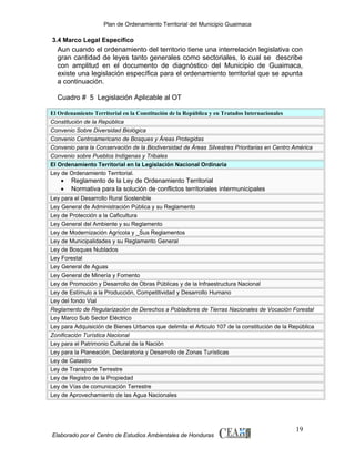 Plan de Ordenamiento Territorial del Municipio Guaimaca

3.4 Marco Legal Específico

Aun cuando el ordenamiento del territorio tiene una interrelación legislativa con
gran cantidad de leyes tanto generales como sectoriales, lo cual se describe
con amplitud en el documento de diagnóstico del Municipio de Guaimaca,
existe una legislación específica para el ordenamiento territorial que se apunta
a continuación.
Cuadro # 5 Legislación Aplicable al OT
El Ordenamiento Territorial en la Constitución de la República y en Tratados Internacionales
Constitución de la República
Convenio Sobre Diversidad Biológica
Convenio Centroamericano de Bosques y Áreas Protegidas
Convenio para la Conservación de la Biodiversidad de Áreas Silvestres Prioritarias en Centro América
Convenio sobre Pueblos Indígenas y Tribales
El Ordenamiento Territorial en la Legislación Nacional Ordinaria
Ley de Ordenamiento Territorial.

•
•

Reglamento de la Ley de Ordenamiento Territorial
Normativa para la solución de conflictos territoriales intermunicipales

Ley para el Desarrollo Rural Sostenible
Ley General de Administración Pública y su Reglamento
Ley de Protección a la Caficultura
Ley General del Ambiente y su Reglamento
Ley de Modernización Agrícola y _Sus Reglamentos
Ley de Municipalidades y su Reglamento General
Ley de Bosques Nublados
Ley Forestal
Ley General de Aguas
Ley General de Minería y Fomento
Ley de Promoción y Desarrollo de Obras Públicas y de la Infraestructura Nacional
Ley de Estímulo a la Producción, Competitividad y Desarrollo Humano
Ley del fondo Vial
Reglamento de Regularización de Derechos a Pobladores de Tierras Nacionales de Vocación Forestal
Ley Marco Sub Sector Eléctrico
Ley para Adquisición de Bienes Urbanos que delimita el Articulo 107 de la constitución de la República
Zonificación Turística Nacional
Ley para el Patrimonio Cultural de la Nación
Ley para la Planeación, Declaratoria y Desarrollo de Zonas Turísticas
Ley de Catastro
Ley de Transporte Terrestre
Ley de Registro de la Propiedad
Ley de Vías de comunicación Terrestre
Ley de Aprovechamiento de las Agua Nacionales

Elaborado por el Centro de Estudios Ambientales de Honduras

19

 