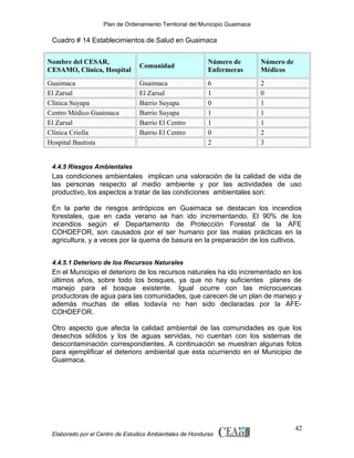 Plan de Ordenamiento Territorial del Municipio Guaimaca

Cuadro # 14 Establecimientos de Salud en Guaimaca
Nombre del CESAR,
CESAMO, Clínica, Hospital
Guaimaca
El Zarsal
Clínica Suyapa
Centro Médico Guaimaca
El Zarsal
Clínica Criolla
Hospital Bautista

Comunidad
Guaimaca
El Zarsal
Barrio Suyapa
Barrio Suyapa
Barrio El Centro
Barrio El Centro

Número de
Enfermeras

Número de
Médicos

6
1
0
1
1
0
2

2
0
1
1
1
2
3

4.4.5 Riesgos Ambientales

Las condiciones ambientales implican una valoración de la calidad de vida de
las personas respecto al medio ambiente y por las actividades de uso
productivo, los aspectos a tratar de las condiciones ambientales son:
En la parte de riesgos antrópicos en Guaimaca se destacan los incendios
forestales, que en cada verano se han ido incrementando. El 90% de los
incendios según el Departamento de Protección Forestal de la AFE
COHDEFOR, son causados por el ser humano por las malas prácticas en la
agricultura, y a veces por la quema de basura en la preparación de los cultivos.
4.4.5.1 Deterioro de los Recursos Naturales

En el Municipio el deterioro de los recursos naturales ha ido incrementado en los
últimos años, sobre todo los bosques, ya que no hay suficientes planes de
manejo para el bosque existente. Igual ocurre con las microcuencas
productoras de agua para las comunidades, que carecen de un plan de manejo y
además muchas de ellas todavía no han sido declaradas por la AFECOHDEFOR.
Otro aspecto que afecta la calidad ambiental de las comunidades es que los
desechos sólidos y los de aguas servidas, no cuentan con los sistemas de
descontaminación correspondientes. A continuación se muestran algunas fotos
para ejemplificar el deterioro ambiental que esta ocurriendo en el Municipio de
Guaimaca.

Elaborado por el Centro de Estudios Ambientales de Honduras

42

 