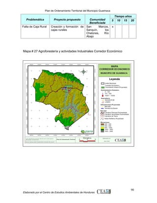 Plan de Ordenamiento Territorial del Municipio Guaimaca

Problemática
Falta de Caja Rural

Proyecto propuesto

Comunidad
Beneficiada
Creación y formación de San
Marcos,
cajas rurales
Sanquín,
los
Chelones,
Río
Abajo

Tiempo años
5 10 15 20
x

Mapa # 27 Agroforestería y actividades Industriales Corredor Económico

Elaborado por el Centro de Estudios Ambientales de Honduras

90

 