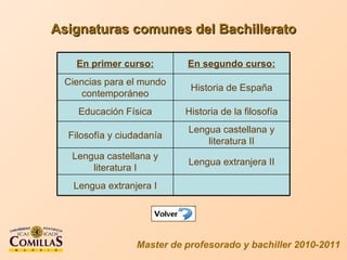 Master de profesorado y bachiller 2010-2011 Asignaturas comunes del Bachillerato Lengua extranjera I Lengua extranjera II Lengua castellana y literatura I Lengua castellana y literatura II Filosofía y ciudadanía Historia de la filosofía Educación Física Historia de España Ciencias para el mundo contemporáneo En segundo curso: En primer curso: 