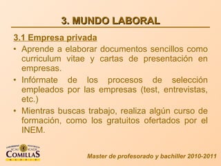 3. MUNDO LABORAL Aprende a elaborar documentos sencillos como curriculum vitae y cartas de presentación en empresas. Infórmate de los procesos de selección empleados por las empresas (test, entrevistas, etc.) Mientras buscas trabajo, realiza algún curso de formación, como los gratuitos ofertados por el INEM. Master de profesorado y bachiller 2010-2011 3.1 Empresa privada 