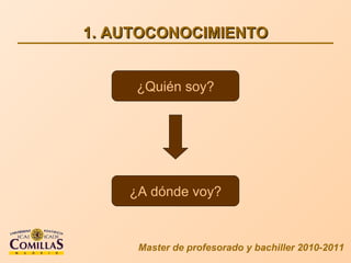 1. AUTOCONOCIMIENTO Master de profesorado y bachiller 2010-2011 ¿A dónde voy? ¿Quién soy? 