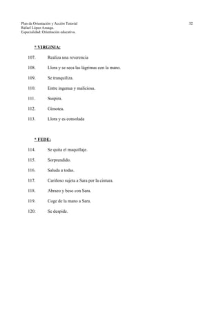 Plan de Orientación y Acción Tutorial 32
Rafael López Azuaga.
Especialidad: Orientación educativa.
* VIRGINIA:
107. Realiza una reverencia
108. Llora y se seca las lágrimas con la mano.
109. Se tranquiliza.
110. Entre ingenua y maliciosa.
111. Suspira.
112. Gimotea.
113. Llora y es consolada
* FEDE:
114. Se quita el maquillaje.
115. Sorprendido.
116. Saluda a todas.
117. Cariñoso sujeta a Sara por la cintura.
118. Abrazo y beso con Sara.
119. Coge de la mano a Sara.
120. Se despide.
 