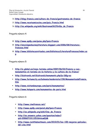 Plan de Orientación y Acción Tutorial 88
Rafael López Azuaga.
Especialidad: Orientación educativa.
34. http://blog-francia.com/cultura-de-francia/gastronomia-de-francia
35. http://www.recetasmicocina.com/pais_Francia.html
36. http://es.wikipedia.org/wiki/Gastronom%C3%ADa_de_Francia
Pregunta número 4:
 http://www.epdlp.com/paise.php?pais=Francia
 http://enciclopediacineyliteratura.blogspot.com/2006/08/literatura-
francesa.html
 http://www.bibliotecasvirtuales.com/biblioteca/LiteraturaFrancesa/index.as
p
Pregunta número 5:
 http://e-global.es/viaje-turismo-online/2007/06/02/francia-y-sus-
monumentos-el-turismo-en-la-historia-y-la-cultura-de-la-france/
 http://biztravels.net/biztravels/monuments.php?p=3&lg=es
 http://www.fortunecity.es/bohemio/modernista/150/MonumentosdeFrancia.
htm
 http://www.visitandoeuropa.com/paris/monumentos/
 http://www.holaparis.com/monumentos-de-paris.html
Pregunta número 6:
 http://www.cinefrances.net/
 http://www.epdlp.com/paisd.php?pais=Francia
 http://es.wikipedia.org/wiki/Cine_de_Francia
 http://es.answers.yahoo.com/question/index?
qid=20060719113518AAcwKSM
 http://www.rockthebestmusic.com/2010/01/las-100-mejores-peliculas-
del-cine.html
 