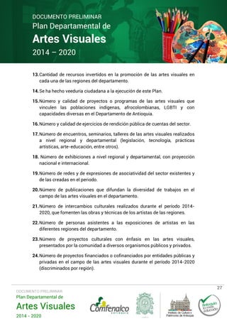 DOCUMENTO PRELIMINAR

Plan Departamental de

Artes Visuales
2014 – 2020

13. Cantidad de recursos invertidos en la promoción de las artes visuales en
cada una de las regiones del departamento.
14. Se ha hecho veeduría ciudadana a la ejecución de este Plan.
15. Número y calidad de proyectos o programas de las artes visuales que
vinculen las poblaciones indígenas, afrocolombianas, LGBTI y con
capacidades diversas en el Departamento de Antioquia.
16. Número y calidad de ejercicios de rendición pública de cuentas del sector.
17. Número de encuentros, seminarios, talleres de las artes visuales realizados
a nivel regional y departamental (legislación, tecnología, prácticas
artísticas, arte-educación, entre otros).
18. Número de exhibiciones a nivel regional y departamental, con proyección
nacional e internacional.
19. Número de redes y de expresiones de asociatividad del sector existentes y
de las creadas en el periodo.
20. Número de publicaciones que difundan la diversidad de trabajos en el
campo de las artes visuales en el departamento.
21. Número de intercambios culturales realizados durante el período 20142020, que fomenten las obras y técnicas de los artistas de las regiones.
22. Número de personas asistentes a las exposiciones de artistas en las
diferentes regiones del departamento.
23. Número de proyectos culturales con énfasis en las artes visuales,
presentados por la comunidad a diversos organismos públicos y privados.
24. Número de proyectos financiados o cofinanciados por entidades públicas y
privadas en el campo de las artes visuales durante el período 2014-2020
(discriminados por región).

DOCUMENTO PRELIMINAR

Plan Departamental de

Artes Visuales
2014 - 2020

27

 