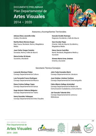 DOCUMENTO PRELIMINAR

Plan Departamental de

Artes Visuales
2014 – 2020

Asesores y Acompañantes Territoriales
Adriana Elena Jaramillo Uribe
Urabá y Occidente

Gonzalo Giraldo Restrepo
Regiones Occidente y Valle de Aburrá

Martha María Moreno Duque
Bajo Cauca, Nordeste, Norte y Magdalena
Medio

Sara Escobar Rojas
Oriente, Valle de Aburrá, Occidente y
Magdalena Medio

Juan Carlos Vargas Castaño
Suroeste, Norte y Valle de Aburrá

Henry García Castrillón
Norte, Nordeste, Magdalena Medio y
Suroeste

Gloria Emilse Gil Alzate
Suroeste y Nordeste

Ximena María Urrea Jiménez
Oriente y Suroeste

Secretaría Técnica Consejos
Leonardo Montoya Peláez
Consejo Departamental de Cultura

John Fredy Granados Marín
Consejo Departamental de Literatura

Luis Fernando Franco Rodríguez
Consejo Departamental de Música

Juan Esteban Jiménez Cardona
Consejo Departamental de Cinematografía

Diana Cristina Gallego Yepes
Consejo Departamental de Danza

Fabio Alberto Gallego Aristizábal
Consejo Departamental de Medios de
Comunicación Ciudadanos y Comunitarios

Hugo Antonio Valencia Melguizo
Consejo Departamental de Teatro
Henry González Velásquez
Consejo Departamental de Artes Visuales

DOCUMENTO PRELIMINAR

Plan Departamental de

Artes Visuales
2014 - 2020

Jair Gonzalo Taborda Ortiz
Consejo Departamental de Lectura y
Bibliotecas

29

 