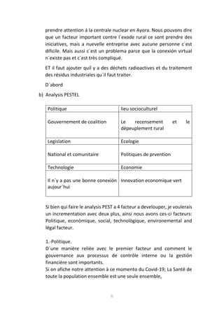 6
prendre attention á la centrale nuclear en Ayora. Nous pouvons dire
que un facteur important contre l´exode rural ce sont prendre des
iniciatives, mais a nuevelle entreprise avec aucune personne c´est
dificile. Mais aussi c´est un problema parce que la conexión virtual
n´existe pas et c´est très compliqué.
ET il faut ajouter quíl y a des déchets radioactives et du traitement
des résidus industriales qu´il faut traiter.
D´abord
b) Analysis PESTEL
Politique lieu socioculturel
Gouvernement de coalition Le recensement et le
dépeuplement rural
Legislation Ecologie
National et comunitaire Politiques de prvention
Technologie Economie
Il n´y a pas une bonne conexión
aujour´hui
Innovation economique vert
Si bien qui faire le analysis PEST a 4 facteur a develouper, je voulerais
un incrementation avec deux plus, ainsi nous avons ces-ci facteurs:
Politique, econòmique, social, technològique, environemental and
légal facteur.
1.-Politique.
D´une manière reliée avec le premier facteur and comment le
gouvernance aux processus de contrôle interne ou la gestión
financière sont importants.
Si on afiche notre attention à ce momento du Covid-19; La Santé de
toute la population ensemble est une seule ensemble,
 