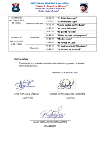 INSTITUCION EDUCATIVA Nro. 80026
“Horacio Zevallos Gámez”
Creación: R.M. Nro. 1113 de fecha 31 de marzo de 1971
“Unión, Estudio y Trabajo”
III BIMESTRE
Del 15-08-2022 al
14-10-2022 Setiembre - Octubre
02-09-22 “El Árbol Generoso”
23-09-22 “La Primavera Llegó”
30-09-22 “No me gustan las Verduras”
14-10-22 “Yo como Saludable”
Noviembre
28-10-22 “Yo puedo Hacerlo”
04-11-22 “Mateo se viste solo yo puedo”
18-11-22 “Mis Derechos”
25-11-22 “Yo Ayudo en Casa”
Diciembre
09-12-22 ”El Nacimiento del Niño Jesús”
16-12-22 “La Historia de Navidad”
VIII. EVALUACIÓN
El presente plan lector evaluará el cumplimiento de las actividades programadas y se elevará un
informe a la superioridad.
El Porvenir, 28 de marzo del 2022
AYME VERA CACHO VASQUEZ LOURDES JOHANA IZQUIERDO NINAQUISPE
AULA VERDE AULA LILA
LILIANA ROSALIA RODRÍGUEZ NAVARRETE
AULA CELESTE
IV BIMESTRE
Del 24-10-2022
al 23-12-2022
 