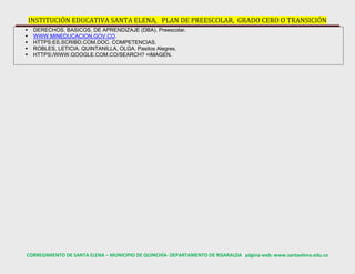 INSTITUCIÓN EDUCATIVA SANTA ELENA, PLAN DE PREESCOLAR, GRADO CERO O TRANSICIÓN
CORREGIMIENTO DE SANTA ELENA – MUNICIPIO DE QUINCHÍA- DEPARTAMENTO DE RISARALDA página web: www.santaelena.edu.co
 DERECHOS, BASICOS, DE APRENDIZAJE (DBA). Preescolar.
 WWW.MINEDUCACION.GOV.CO.
 HTTPS:ES.SCRIBD.COM.DOC. COMPETENCIAS.
 ROBLES, LETICIA. QUINTANILLA, OLGA. Pasitos Alegres.
 HTTPS:/WWW.GOOGLE.COM.CO/SEARCH? =IMAGEN.
 