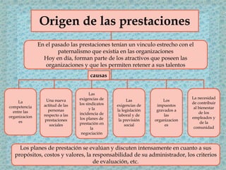 
Origen de las prestaciones
En el pasado las prestaciones tenían un vinculo estrecho con el
paternalismo que existía en las organizaciones
Hoy en día, forman parte de los atractivos que poseen las
organizaciones y que les permiten retener a sus talentos
La
competencia
entre las
organizacion
es
Una nueva
actitud de las
personas
respecto a las
prestaciones
sociales
Las
exigencias de
los sindicatos
y la
incidencia de
los planes de
prestación en
la
negociación
Las
exigencias de
la legislación
laboral y de
la previsión
social
Los
impuestos
gravados a
las
organizacion
es
La necesidad
de contribuir
al bienestar
de los
empleados y
de la
comunidad
Los planes de prestación se evalúan y discuten intensamente en cuanto a sus
propósitos, costos y valores, la responsabilidad de su administrador, los criterios
de evaluación, etc.
causas
 